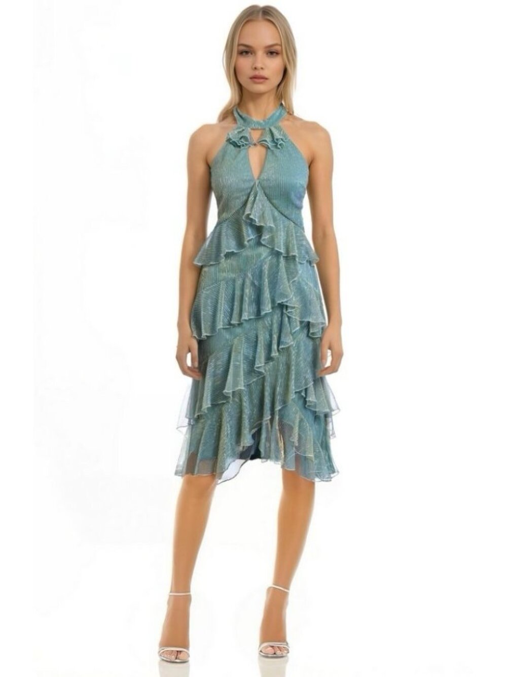 Badgley Mischka Dallas Halter Neck Ruffle Tiered Dres Size 2